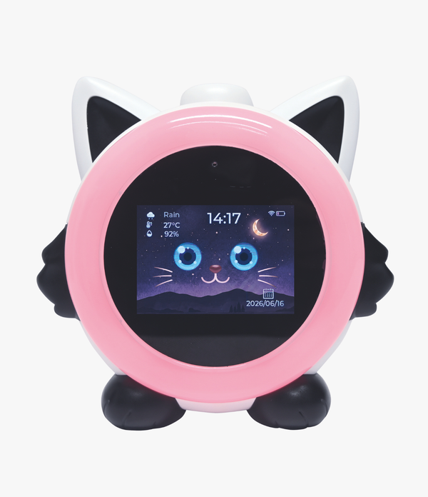 A cat-shaped smart alarm clock with a pink circular face, black ears and feet, and a screen displaying a cartoon cat face.