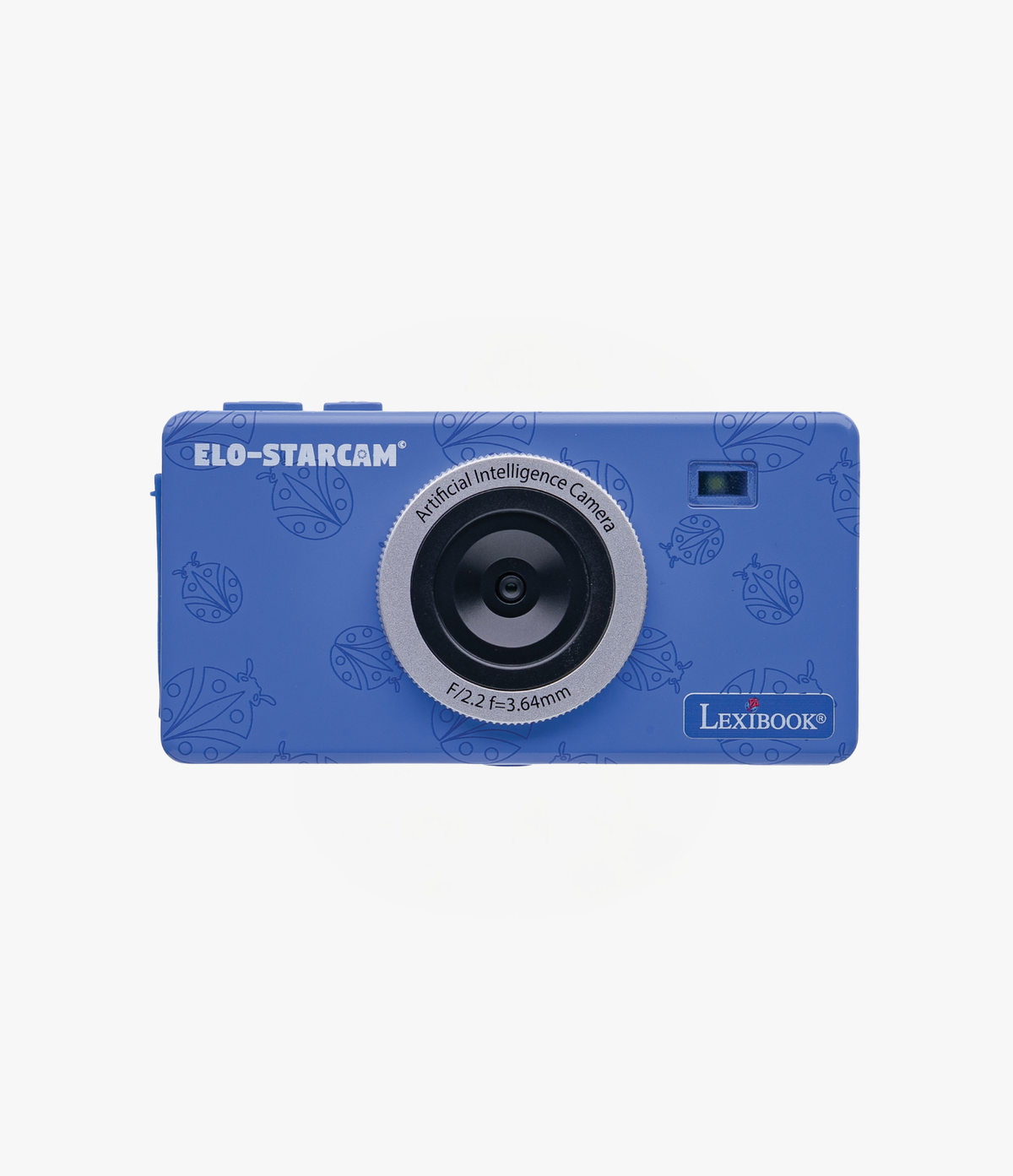 A blue Lexibook ELO-STARCAM digital camera with a patterned body and a silver ring around the lens, shown against a plain white background.