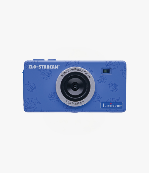 A blue Lexibook ELO-STARCAM digital camera with a patterned body and a silver ring around the lens, shown against a plain white background.