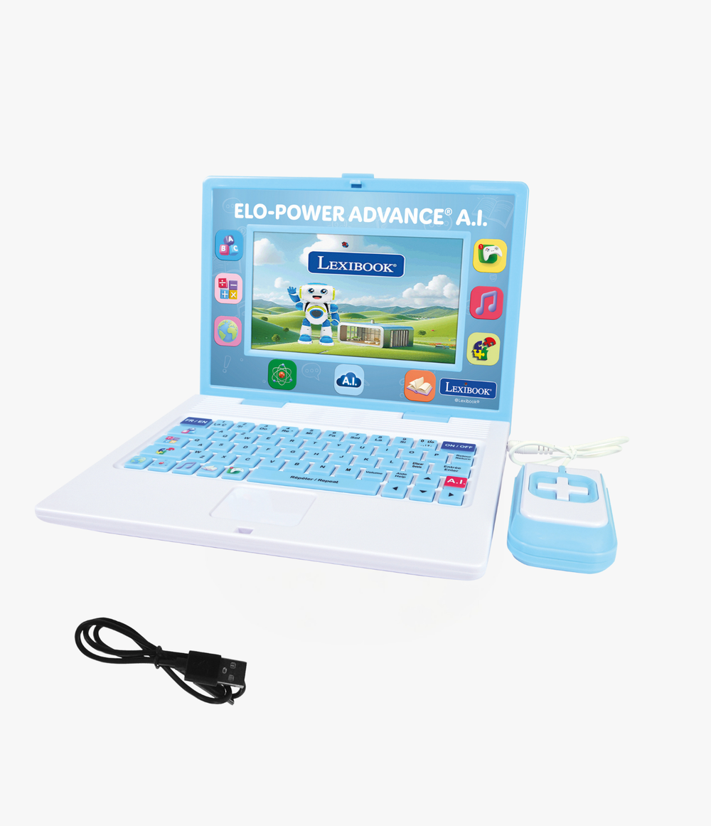 A white and light blue toy ELO-POWER ADVANCE A.I. laptop set with a screen displaying colorful app icons, a matching light blue keyboard, a small light blue mouse, and a black USB cable on a plain white background.