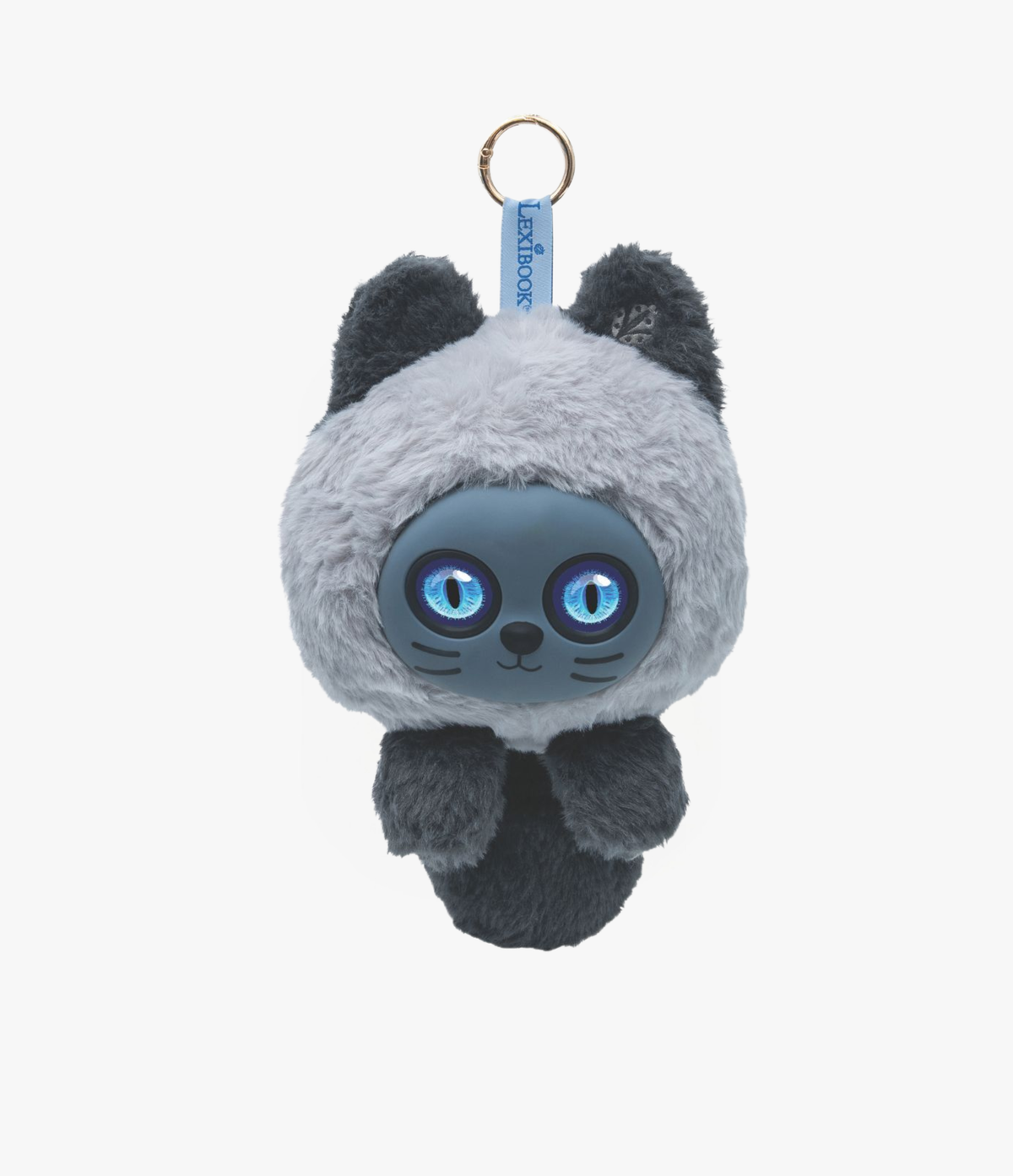 A plush cat keychain with a gray and black body, large blue eyes, and a gold metal keyring at the top, shown against a plain white background.