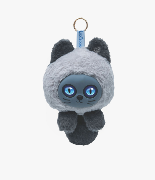 A plush cat keychain with a gray and black body, large blue eyes, and a gold metal keyring at the top, shown against a plain white background.