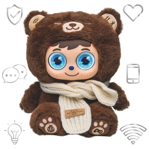 This Lexibook product is an interactive plush toy in brown, depicting a child in a bear suit. It is aimed at young children and features light-up eyes. The plush includes comforting elements like a knitted scarf. There is no visible license on the product. This toy encourages imagination and creative play.