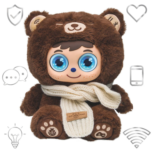 This Lexibook product is an interactive plush toy in brown, depicting a child in a bear suit. It is aimed at young children and features light-up eyes. The plush includes comforting elements like a knitted scarf. There is no visible license on the product. This toy encourages imagination and creative play.