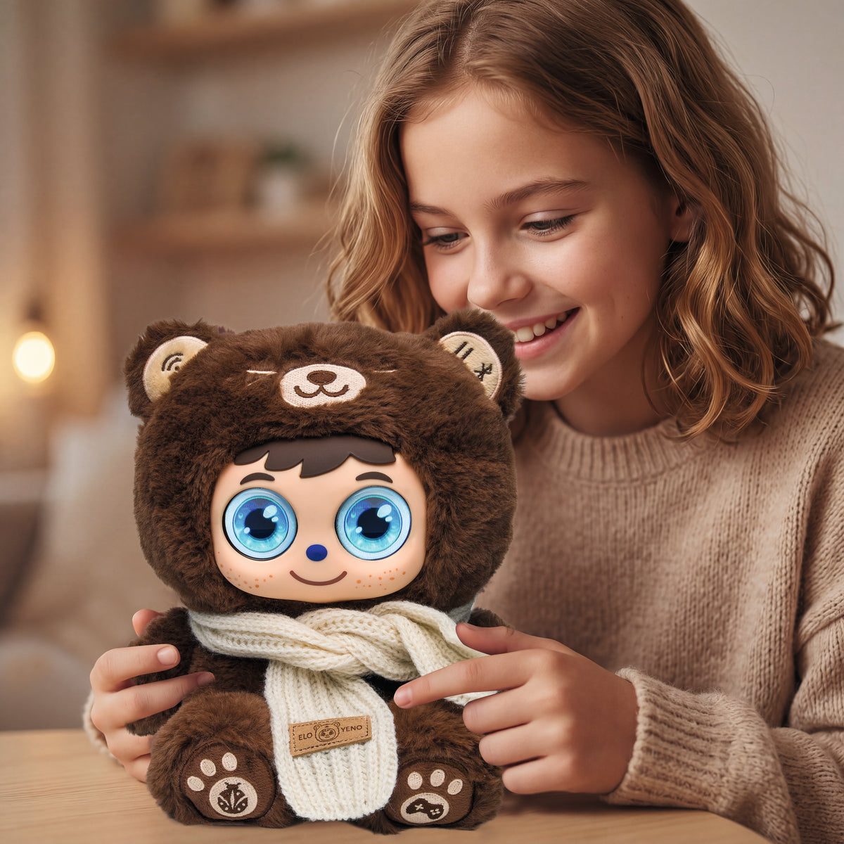 Child interacting with the ELO Yeno AI plush toy, featuring a soft brown bear design, large blue expressive eyes, and a white knitted scarf. The toy is placed on a table in a warm indoor setting, highlighting its friendly appearance and interactive companion features.
