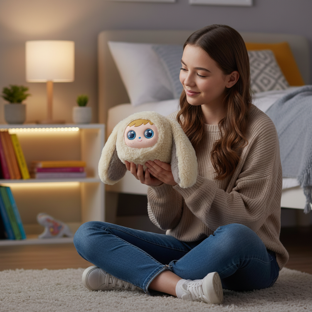 This Lexibook product is a plush toy in beige and cream color, featuring rabbit ears. It targets a young audience, particularly children. Apparent features include interactive elements that stimulate imagination and learning. The plush showcases a soft and inviting design, perfect for cuddling and play. No specific license is visible in the image.