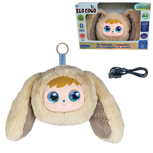 A plush toy companion called ELO COCO by Lelooz, featuring a soft beige bunny body, floppy ears, large blue eyes, and a small gold keyring. The image includes the product's retail packaging box in the upper right, a black USB charging cable on the right, and the plush toy in the foreground against a plain white background.