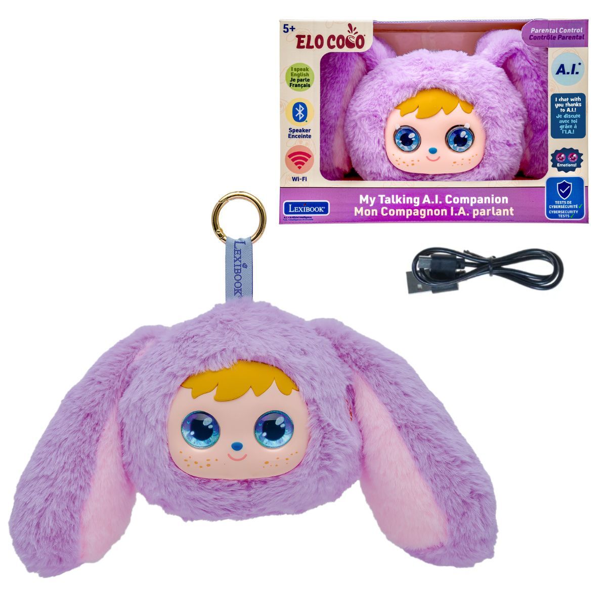 A purple fuzzy plush toy companion with long floppy ears, a cartoon face, and a keychain ring, shown alongside its retail box and a black USB charging cable on a white background. The box reads 'ELO COCO' and 'My Talking A.