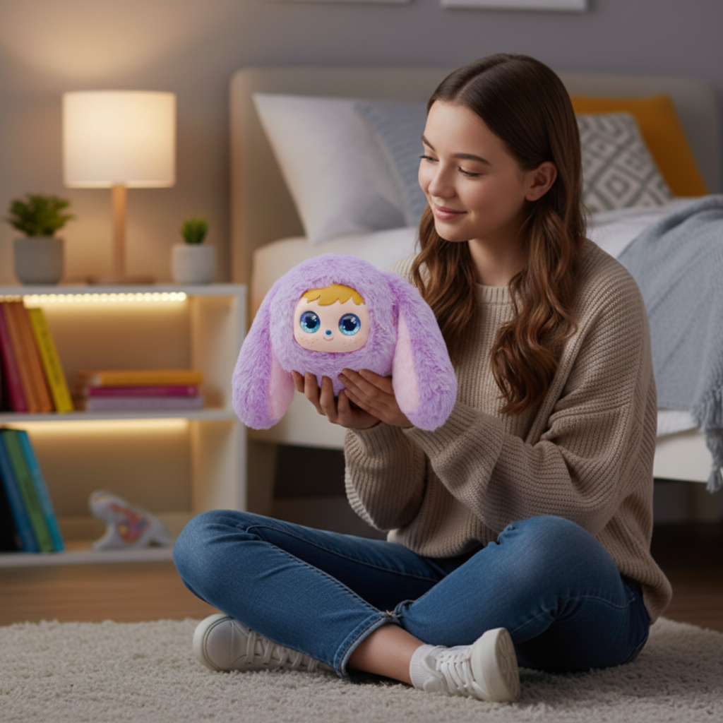 The product is an adorable lilac plush companion. It represents a cute and fun character, capturing the attention of children. Designed for a primarily young audience, it offers interactive features like sounds and lights. This plush is perfect for kids who enjoy creative play and imagination.