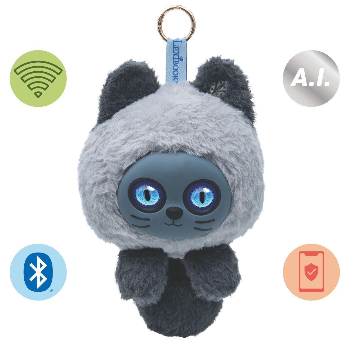 A plush cat-shaped keychain or alarm device with a gray and black fuzzy body, large blue eyes, and a blue hanging tag reading 'SPOOKER'. The image is on a white background with feature icons for wireless, AI, Bluetooth, and smartphone connectivity around the product.