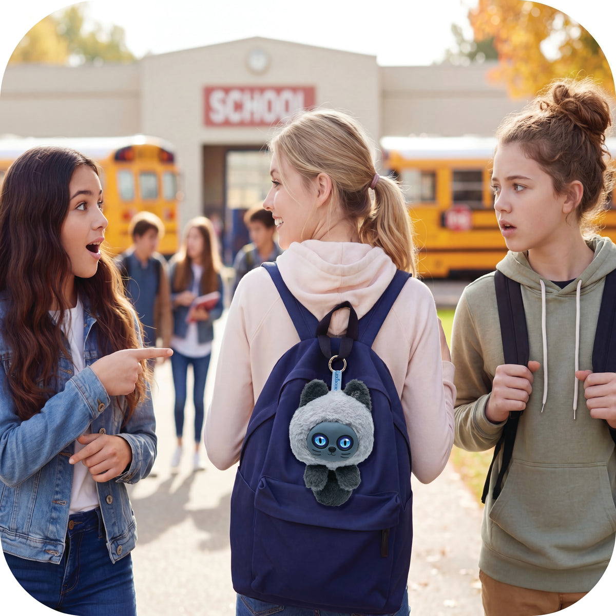 Three young women standing outside a school building with yellow school buses in the background. The woman in the center is wearing a navy blue backpack with a plush gray cat keychain hanging from it.
