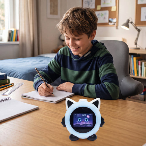 This Lexibook product is an interactive clock for kids, featuring a light blue and black color scheme with cute cat ears. It may be associated with animated character licenses, though this is not specified. It targets children with its playful design and features like time and weather display. It also offers entertaining animations and sounds to engage young users.