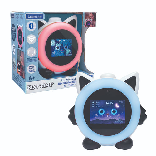 A cat-shaped smart alarm clock and its retail packaging box, shown on a plain white background. The clock has a light blue outer ring, black ears and feet, and a central screen displaying a cat face.