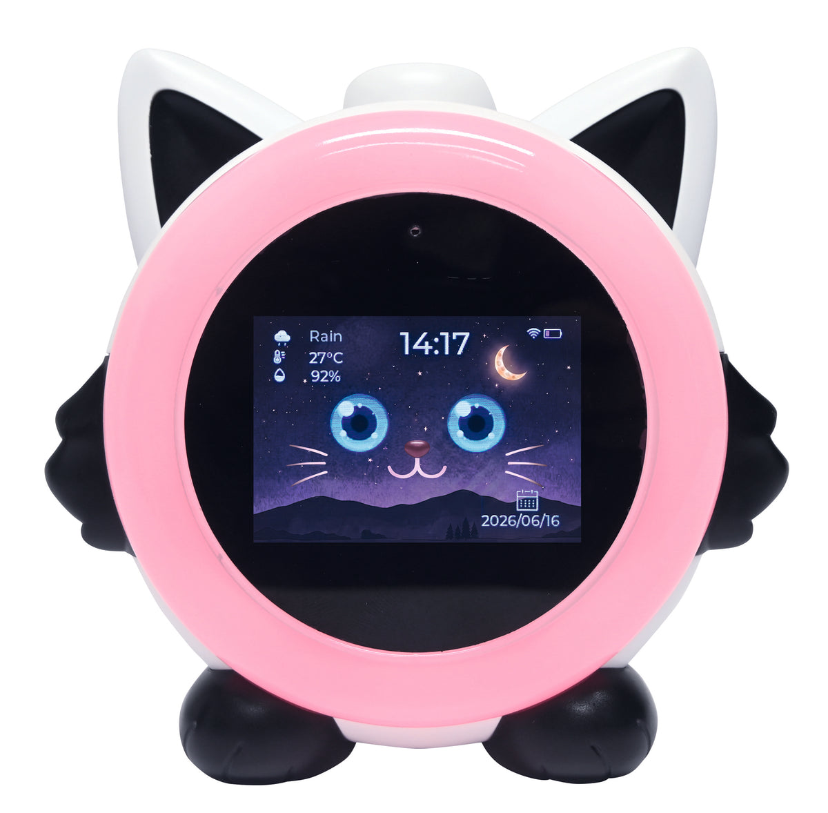 A cat-shaped digital alarm clock or weather display with a pink circular frame, white and black cat ears and paws, and a screen showing a night sky with blue eyes and a crescent moon.
