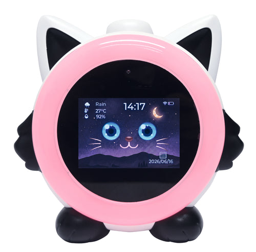 A cat-shaped digital alarm clock or weather display with a pink circular frame, white and black cat ears and paws, and a screen showing a night sky with blue eyes and a crescent moon.