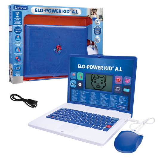 The Lexibook ELO-POWER KID A.I. is a portable educational computer designed for children. It comes in blue and features a variety of functions, including 166 activities for learning math, French, and more. It is aimed at young users with an easy-to-use interface and appealing design. Features like Wi-Fi connectivity and an integrated desktop enhance its educational appeal.