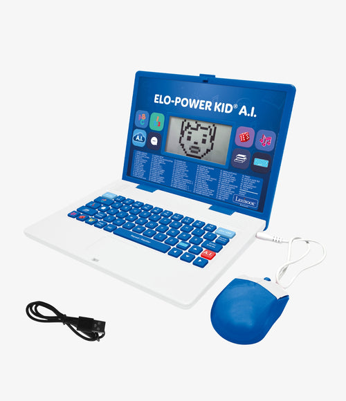 The Lexibook product is an educational computer aimed at children, primarily in white and blue colors. It features an 'A.I.' license and targets young learners. This device includes many features such as a user-friendly keyboard, an included mouse, and a screen with educational games to enhance letter and number skills.