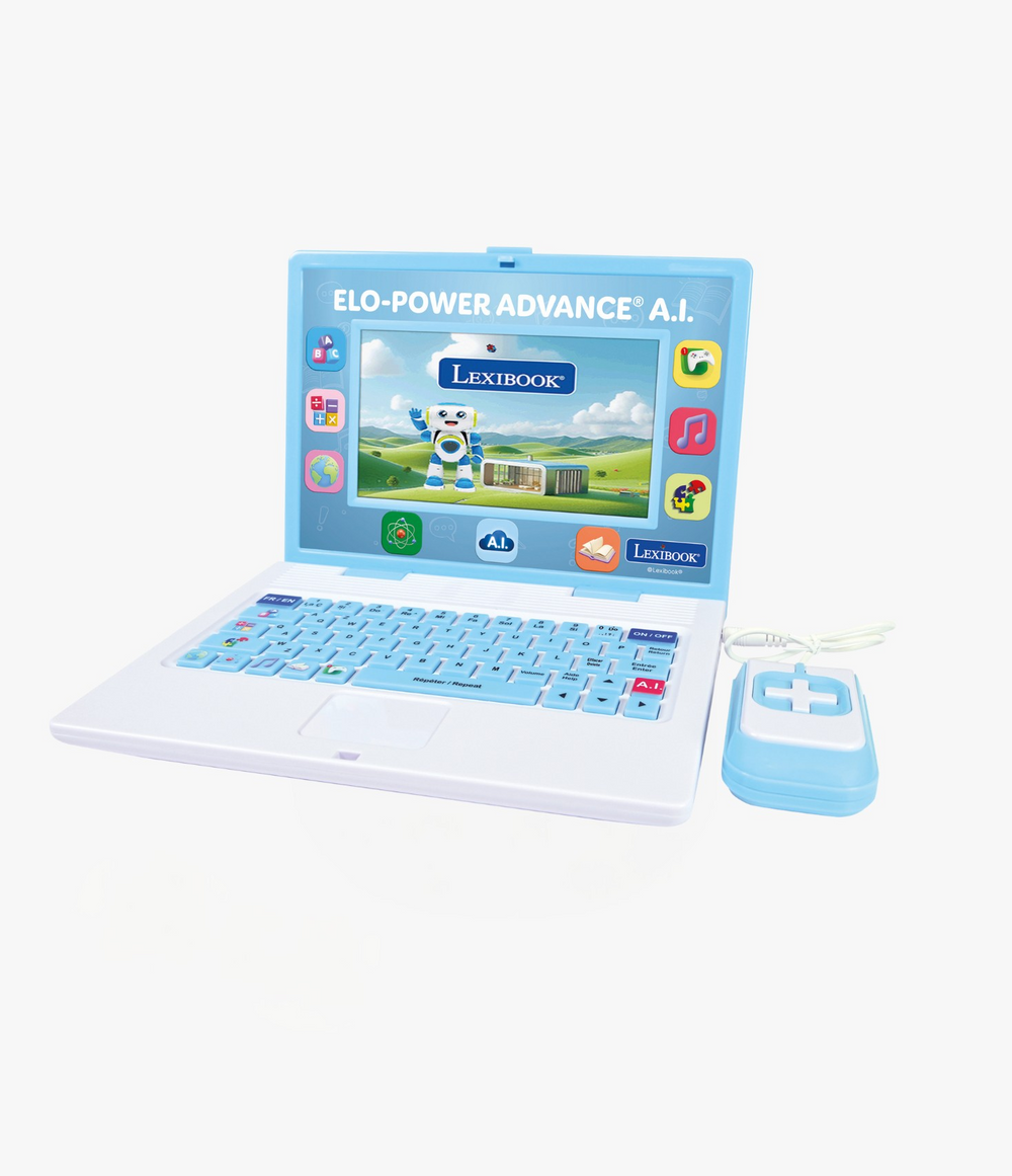 The Lexibook product is an educational children's laptop in light blue and white. It is aimed at a young audience, typically aged 4 to 8 years. It features interactive games, a touchscreen, and a virtual assistant. This model is perfect for learning with entertaining and educational content.