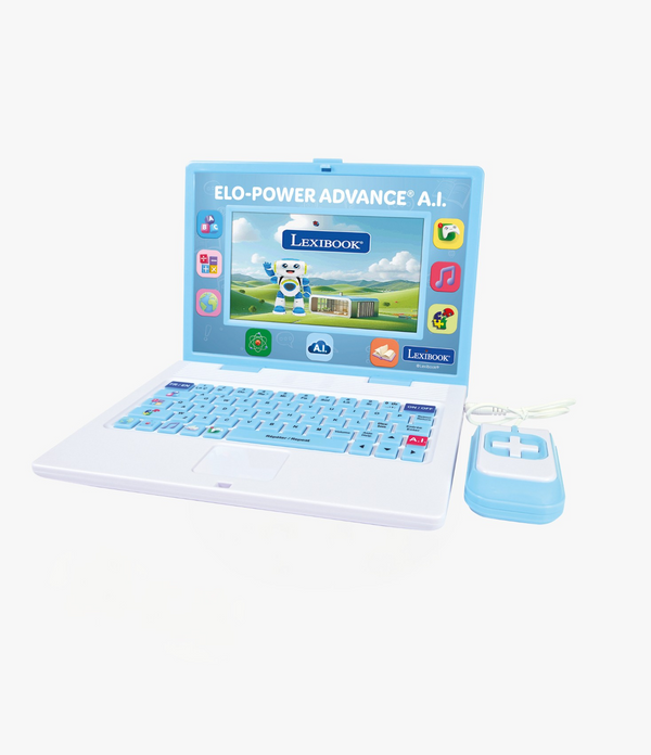 The Lexibook product is an educational children's laptop in light blue and white. It is aimed at a young audience, typically aged 4 to 8 years. It features interactive games, a touchscreen, and a virtual assistant. This model is perfect for learning with entertaining and educational content.