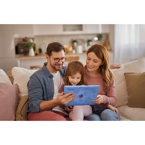 A family of three sits together on a beige sofa in a bright living room, looking at a blue AI ELO POWER ADVANCE Laptop. The tablet has a Ladybug Catcher brand label on the top left.