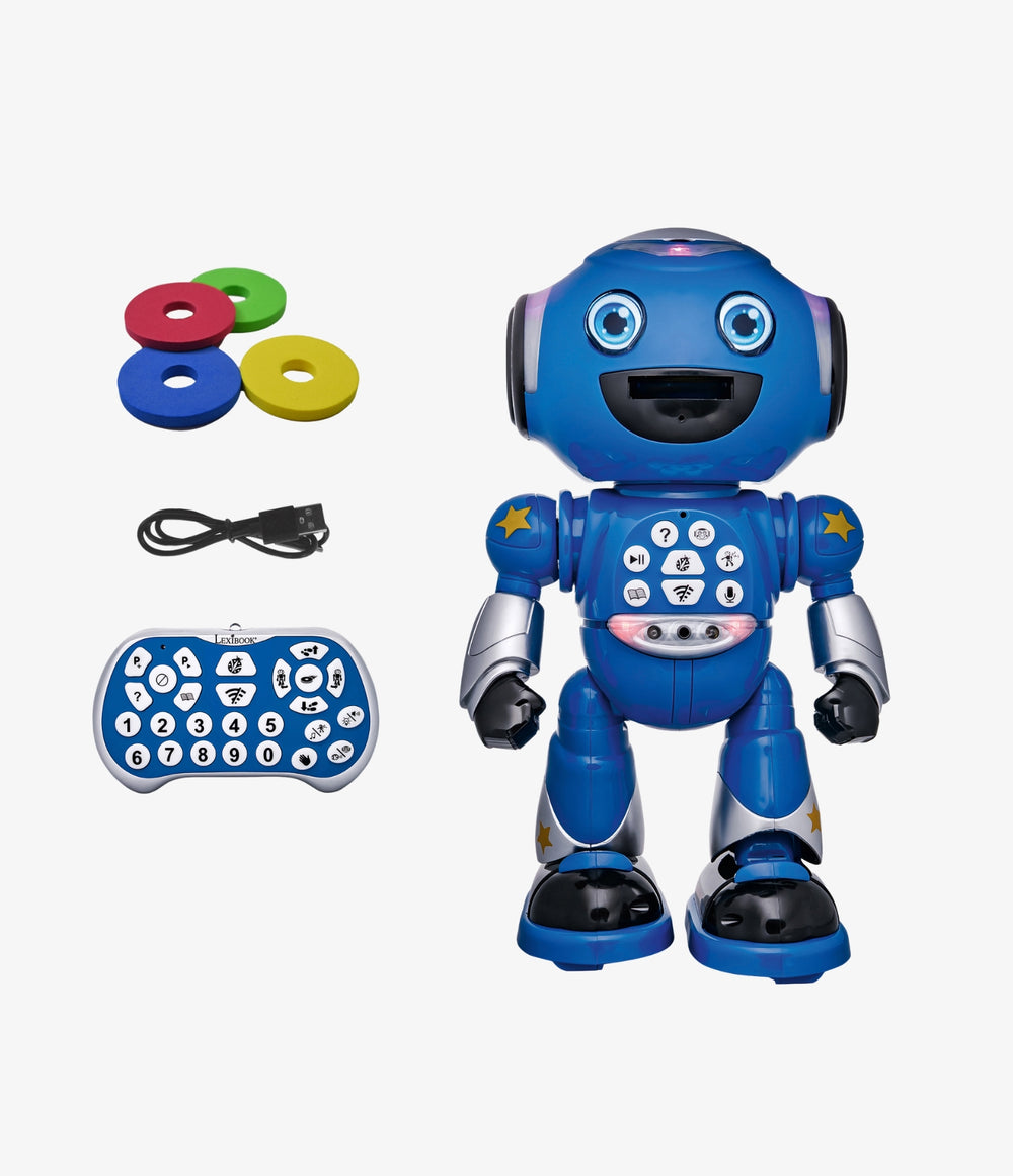 A blue toy ELO-Powerman Advance A.I.  Lexibook robot with a keypad on its face and arms, shown with a matching remote control, four colorful ring-shaped accessories, and a USB charging cable on a light gray background.