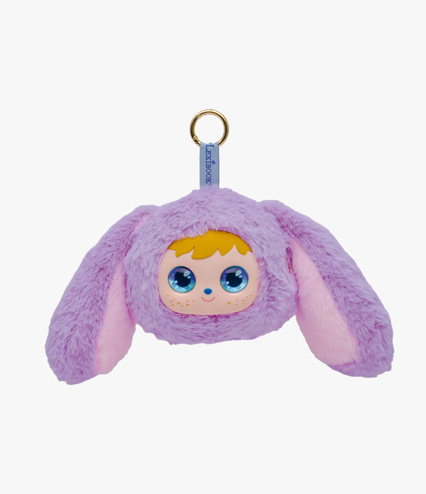 A purple plush bunny keychain featuring a cute cartoon face with large blue eyes, yellow hair, and a light blue tag that reads 'bunnybean' at the top, set against a plain white background.