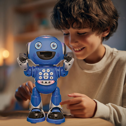 Child interacting with a blue robot ELO POWERMAN toy in a cozy indoor setting