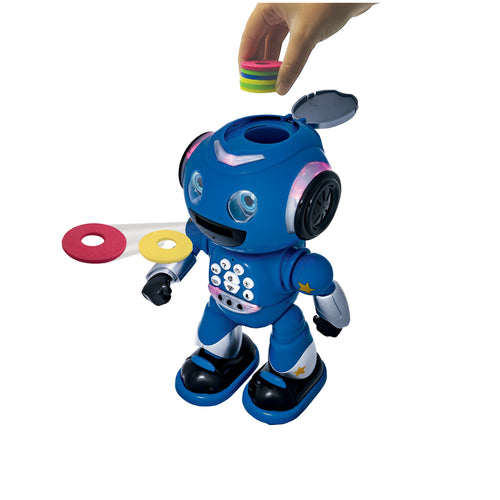 Toy robot with colorful disc attachments on a white background