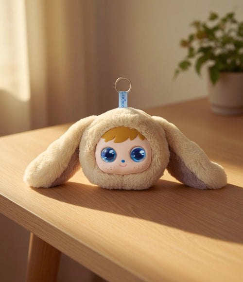 Plush toy with bunny ears on a wooden surface with a soft background
