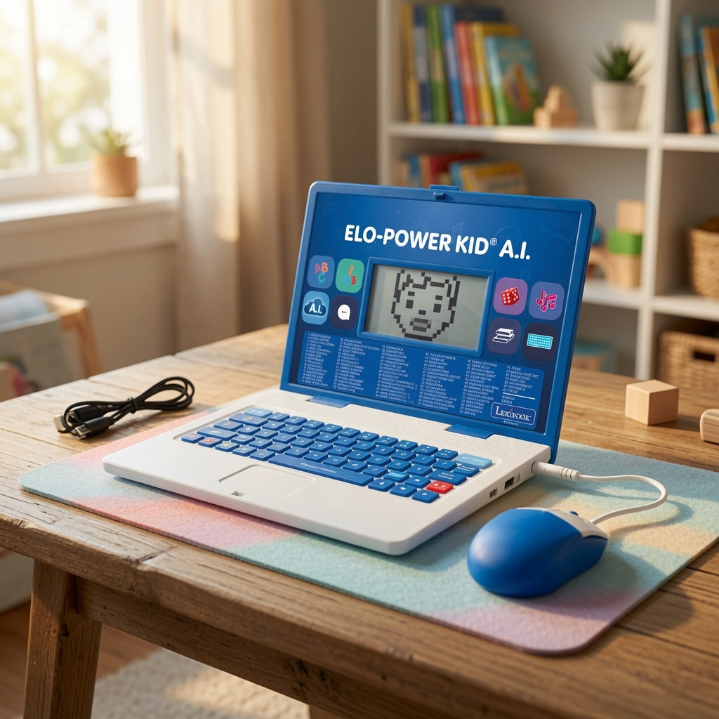 Children's ELO POWER KID AI laptop with blue keyboard and screen on a wooden table in a room with books and decor.