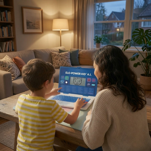 Two children using a ELO-POWER KID laptop in a cozy living room with a warm ambiance.