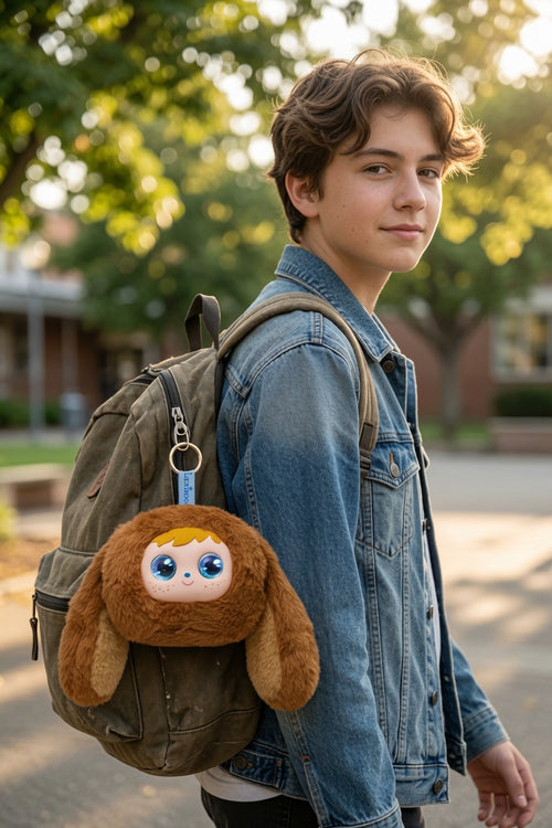 Person wearing a backpack with a Elo Coco plush toy attached, standing outdoors.