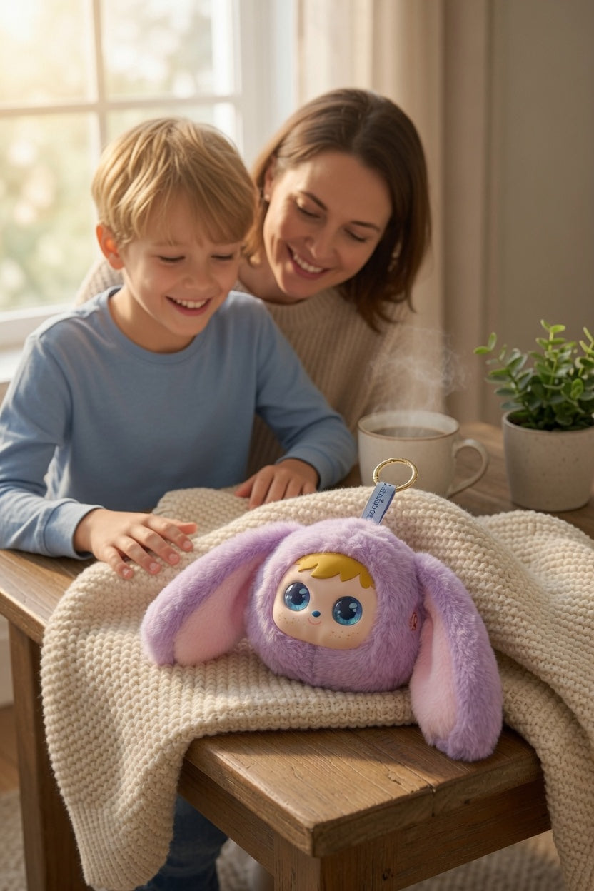 A child and a woman sit together under a cozy cream knit blanket, smiling at a purple plush bunny toy with a small gold ring on its head, placed on a wooden table.