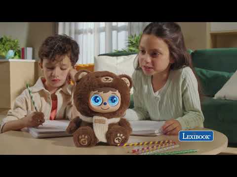 Commercial image of the ELO Yeno AI interactive plush toy, featuring a soft brown bear design with large blue expressive eyes and a white knitted scarf. The smart plush companion is presented against a clean background, highlighting its child-friendly design and AI-powered interactive features.